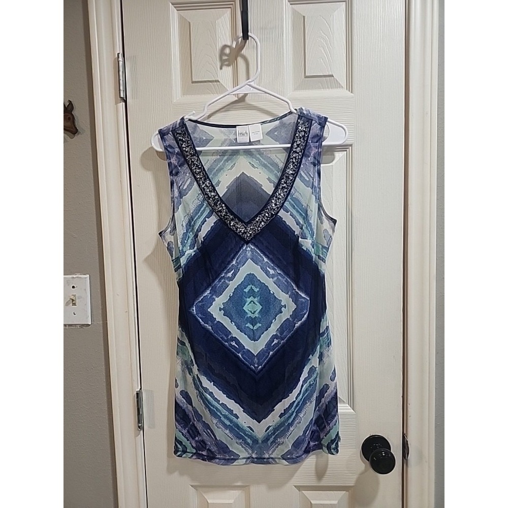 INC Beach Womens L Sheer Mesh Tank Top Blue Geometric Beaded V Neck Y2K Fairy